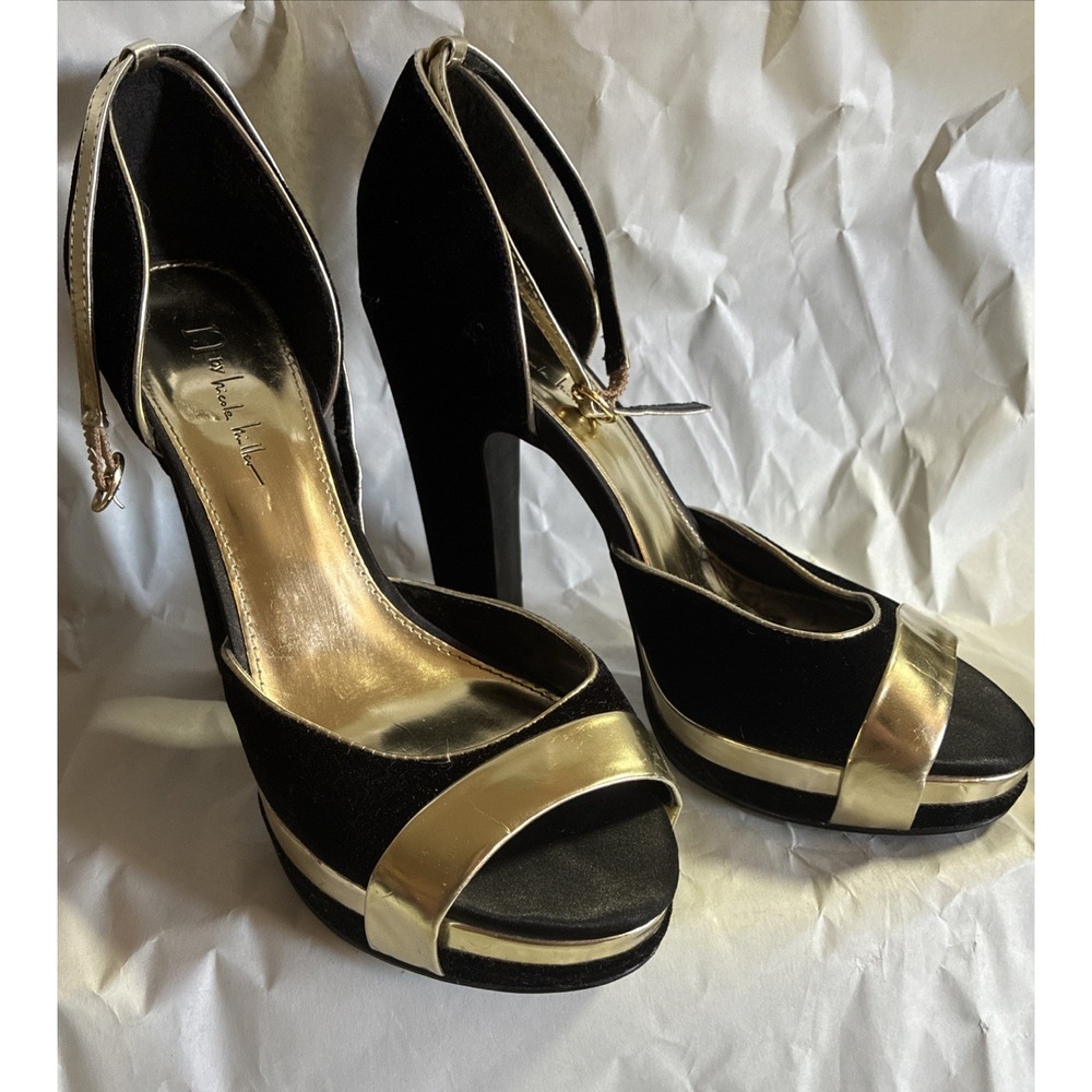 Nicole Miller- Marlyn Black/ Gold Velvet Peep Toe High Heel Strap Shoe 10M GUC